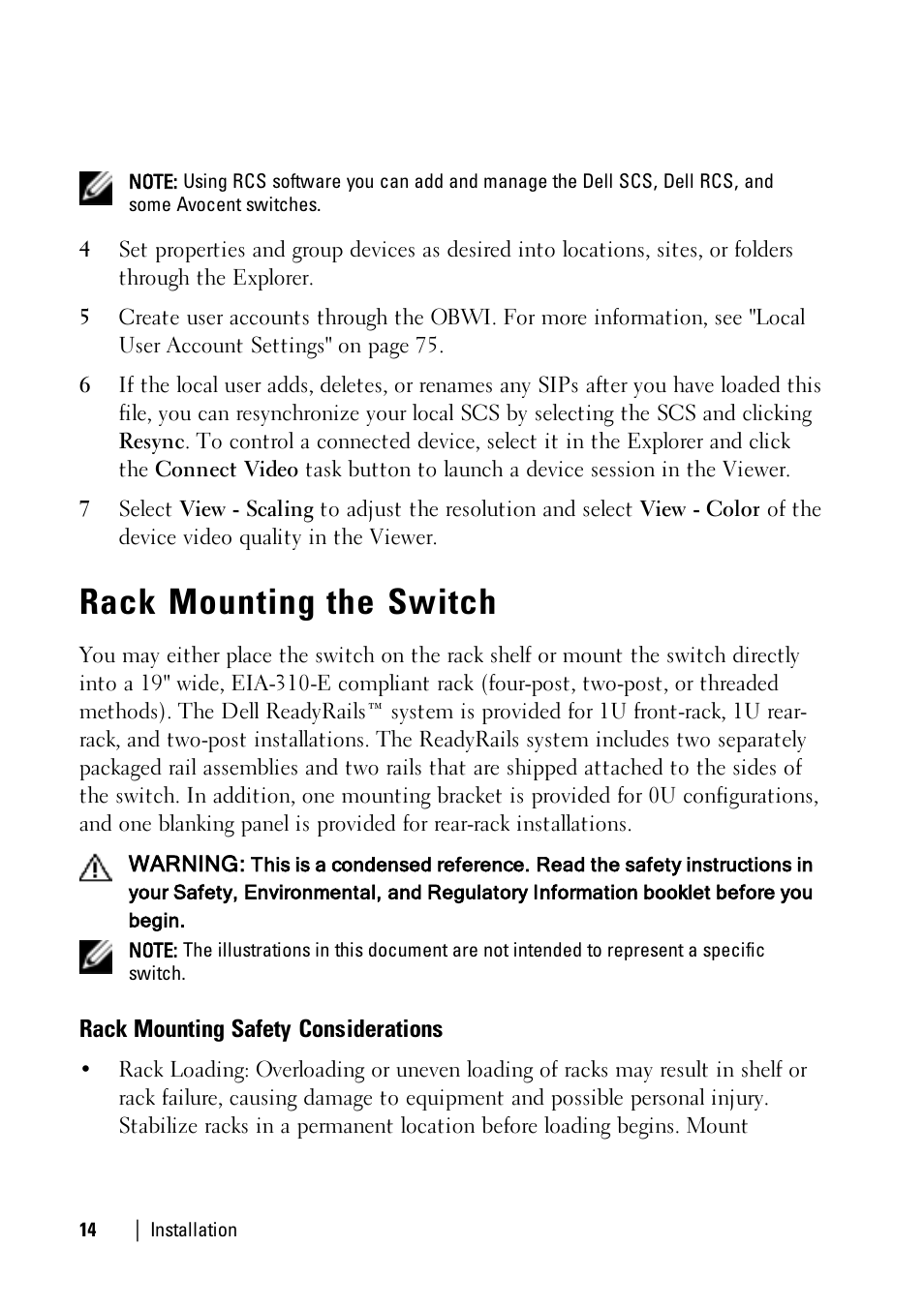 Rack mounting the switch, Rack mounting safety considerations | Dell KVM 1081AD/ KVM 2161AD User Manual | Page 22 / 140