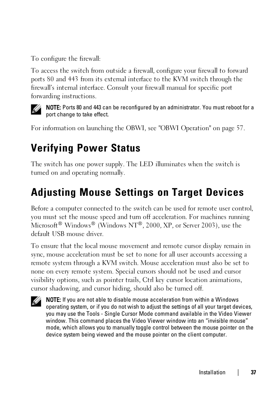 Verifying power status, Adjusting mouse settings on target devices | Dell KVM 1081AD/ KVM 2161AD User Manual | Page 45 / 140