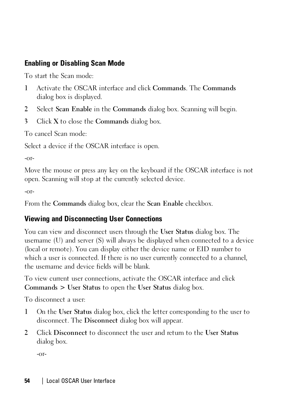 Enabling or disabling scan mode, Viewing and disconnecting user connections | Dell KVM 1081AD/ KVM 2161AD User Manual | Page 62 / 140