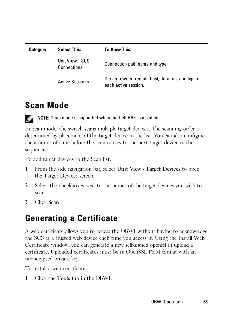Scan mode, Generating a certificate | Dell KVM 1081AD/ KVM 2161AD User Manual | Page 71 / 140