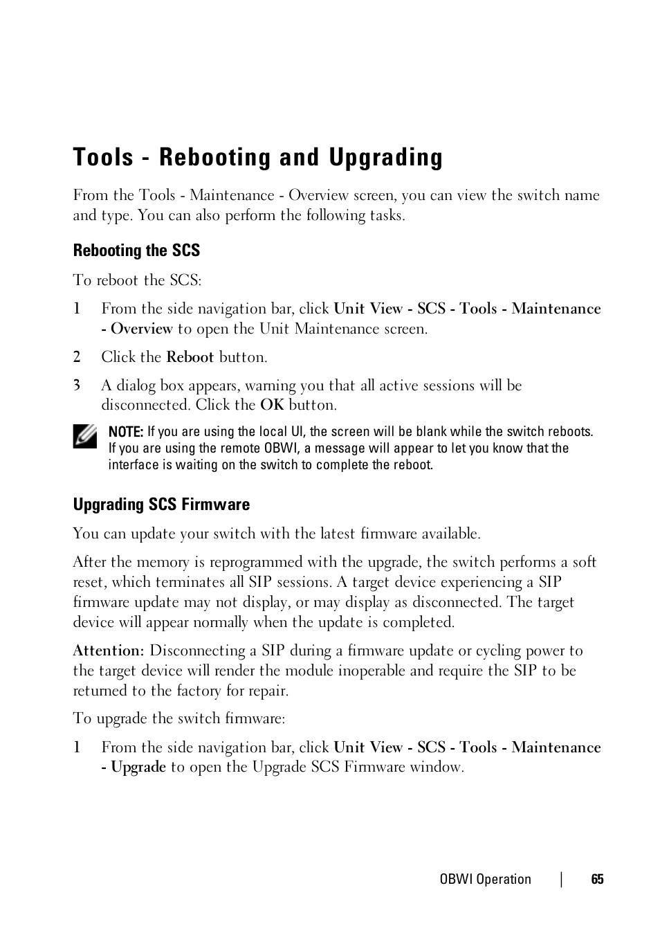 Tools - rebooting and upgrading, Rebooting the scs, Upgrading scs firmware | Dell KVM 1081AD/ KVM 2161AD User Manual | Page 73 / 140