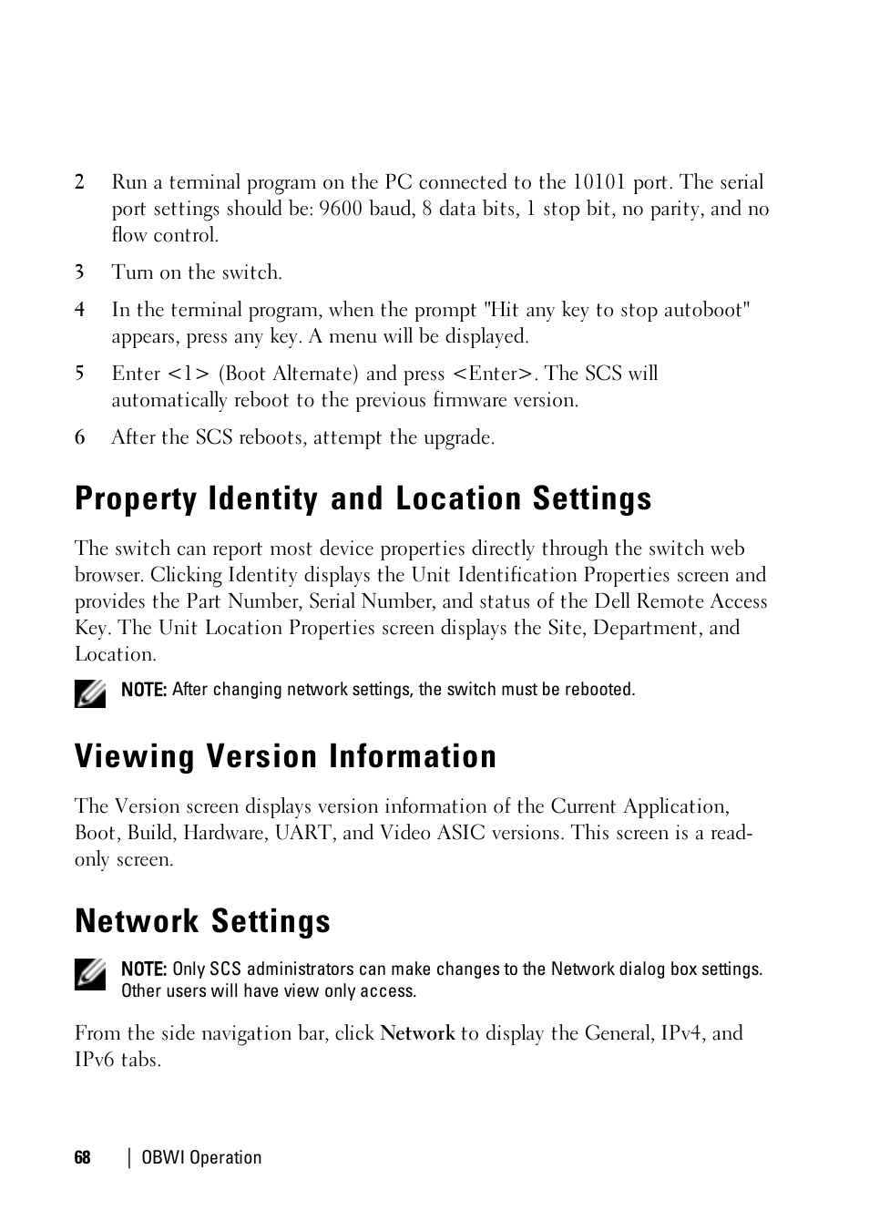 Property identity and location settings, Viewing version information, Network settings | Dell KVM 1081AD/ KVM 2161AD User Manual | Page 76 / 140