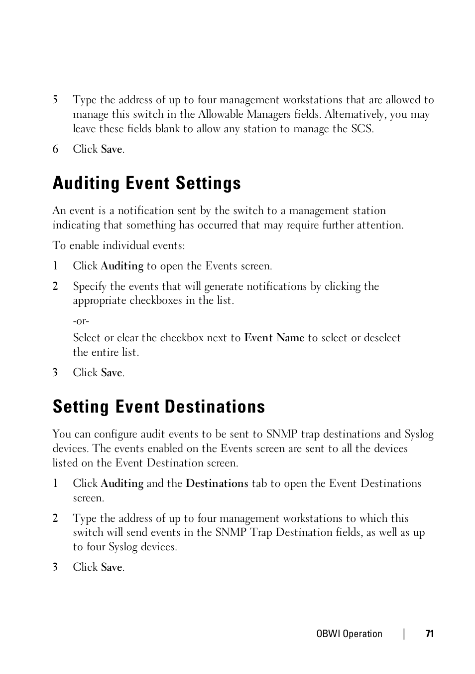 Auditing event settings, Setting event destinations | Dell KVM 1081AD/ KVM 2161AD User Manual | Page 79 / 140