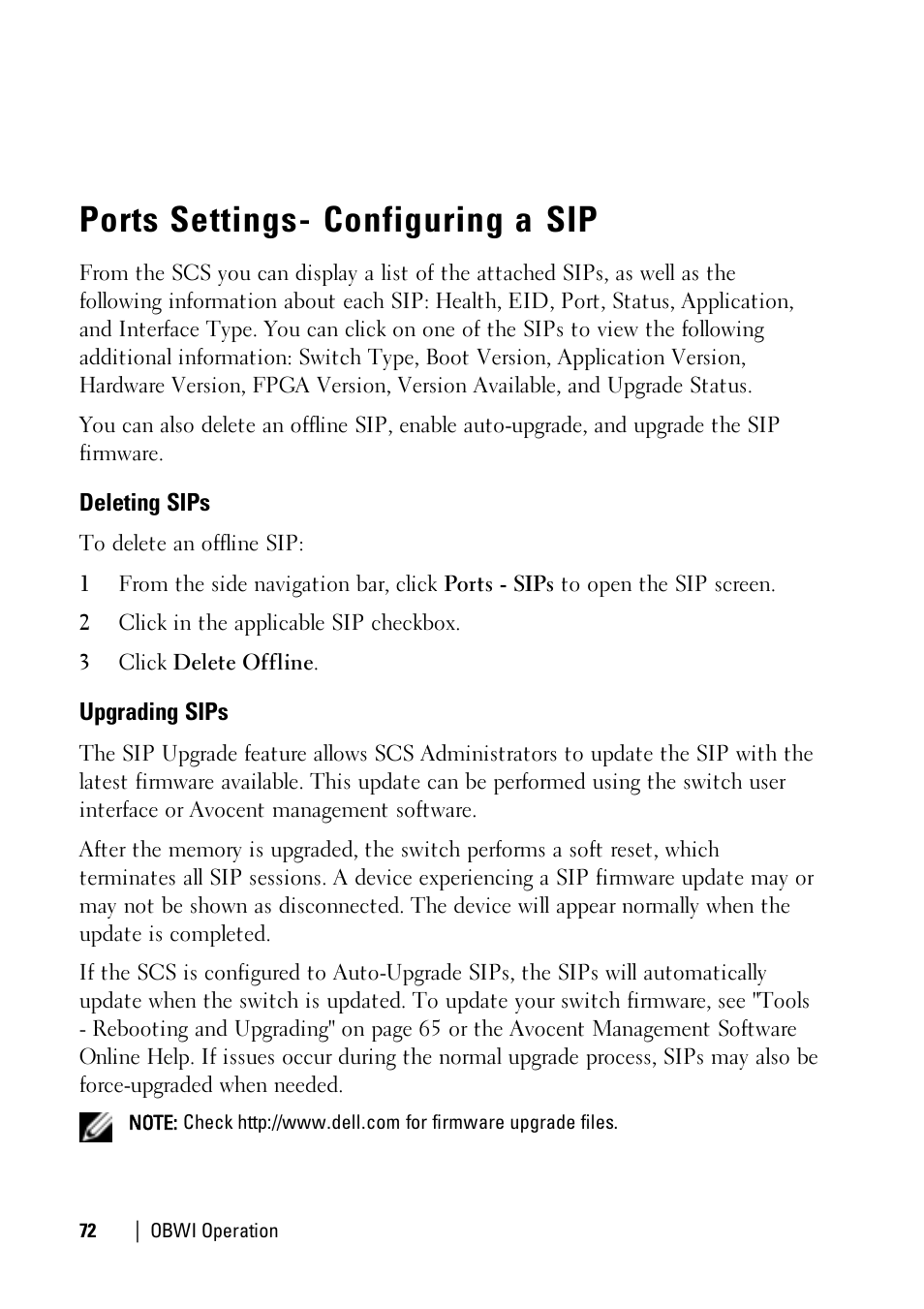 Ports settings- configuring a sip, Deleting sips, Upgrading sips | Dell KVM 1081AD/ KVM 2161AD User Manual | Page 80 / 140