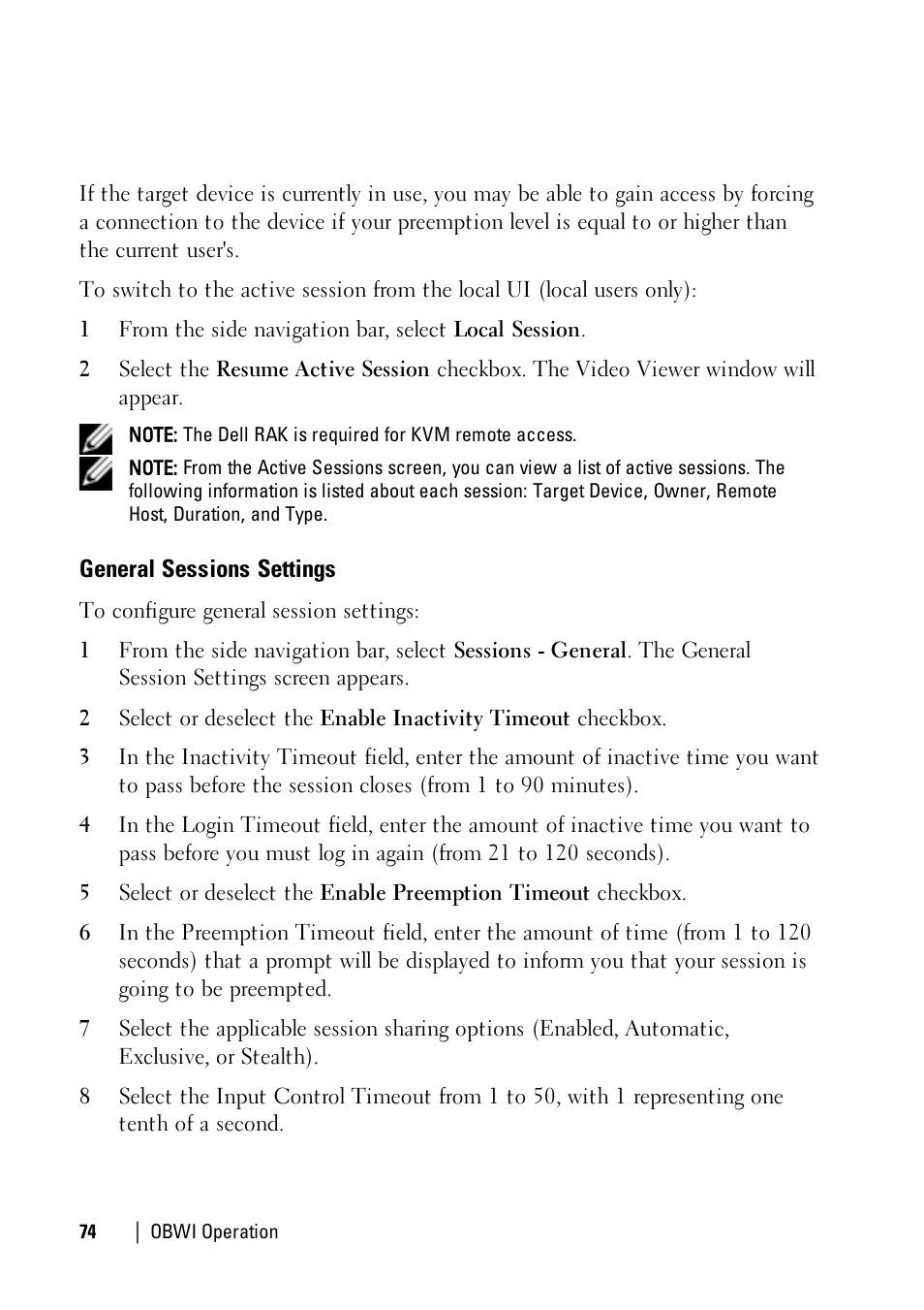 General sessions settings | Dell KVM 1081AD/ KVM 2161AD User Manual | Page 82 / 140