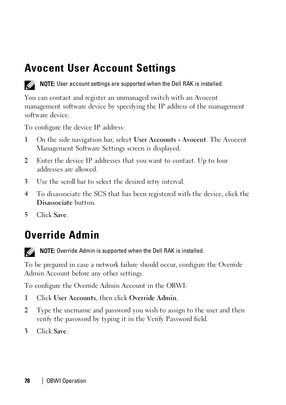 Avocent user account settings, Override admin | Dell KVM 1081AD/ KVM 2161AD User Manual | Page 86 / 140