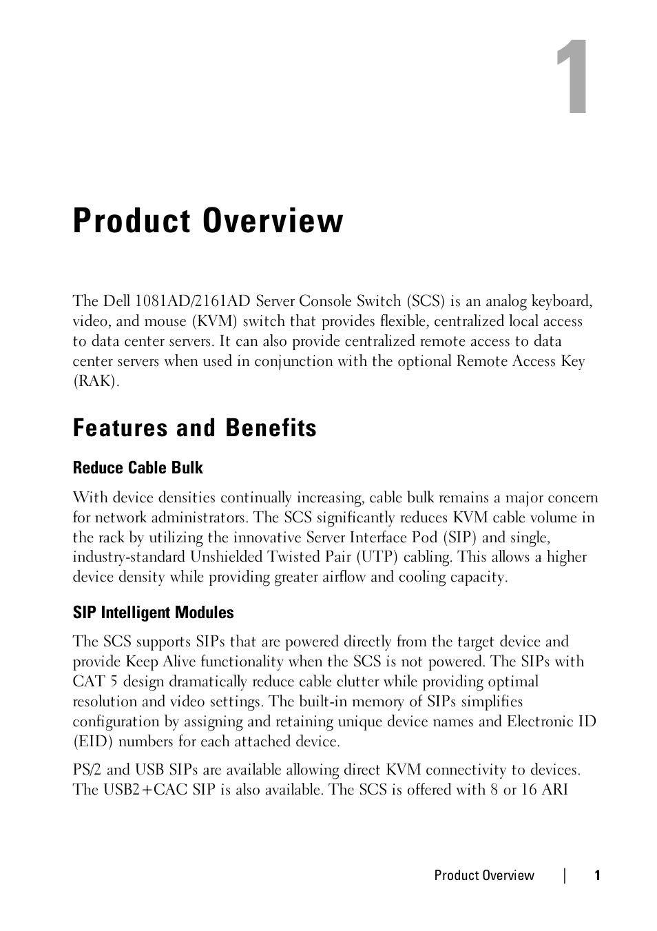 Product overview, Features and benefits, Reduce cable bulk | Sip intelligent modules | Dell KVM 1081AD/ KVM 2161AD User Manual | Page 9 / 140