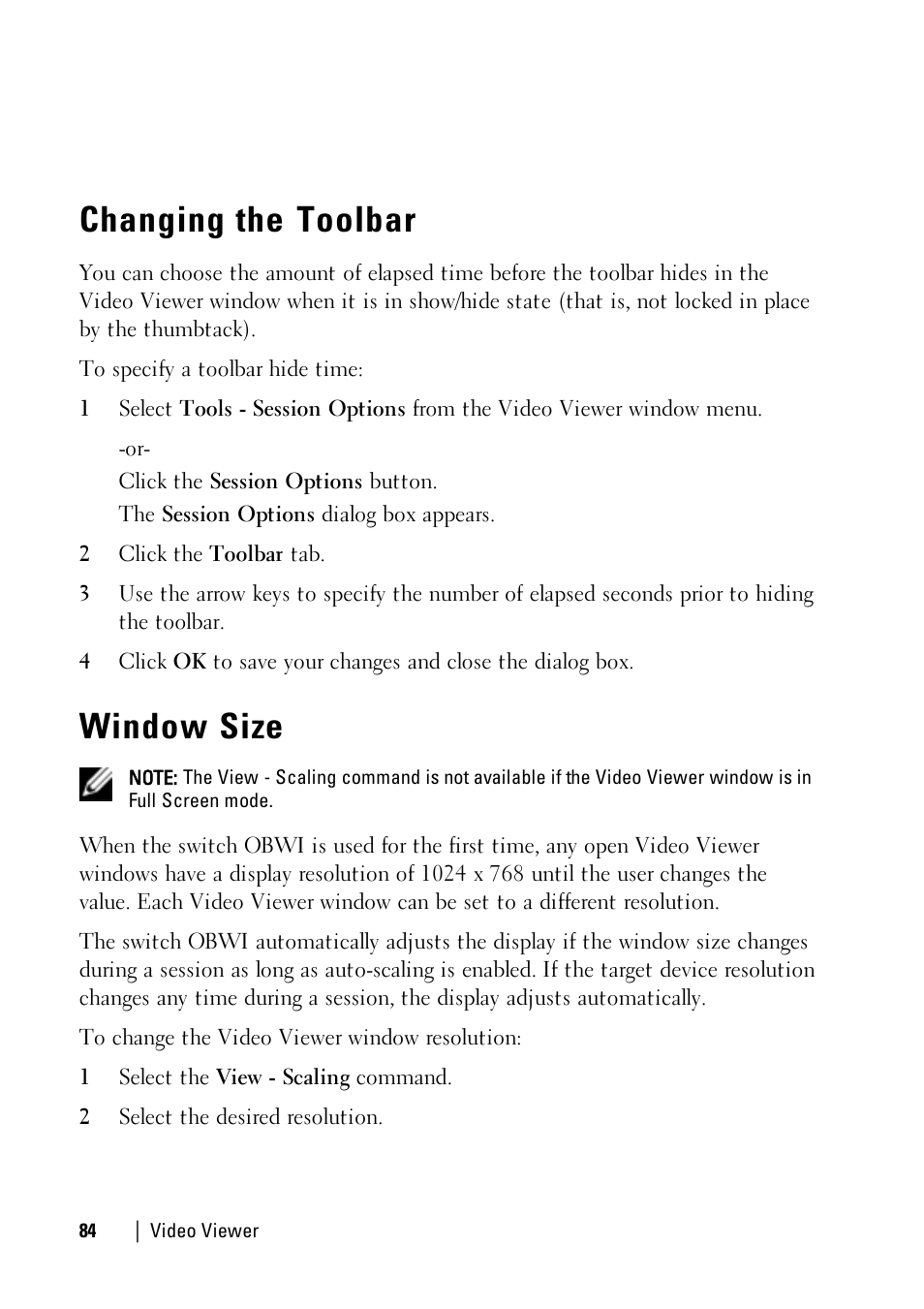 Changing the toolbar, Window size | Dell KVM 1081AD/ KVM 2161AD User Manual | Page 92 / 140