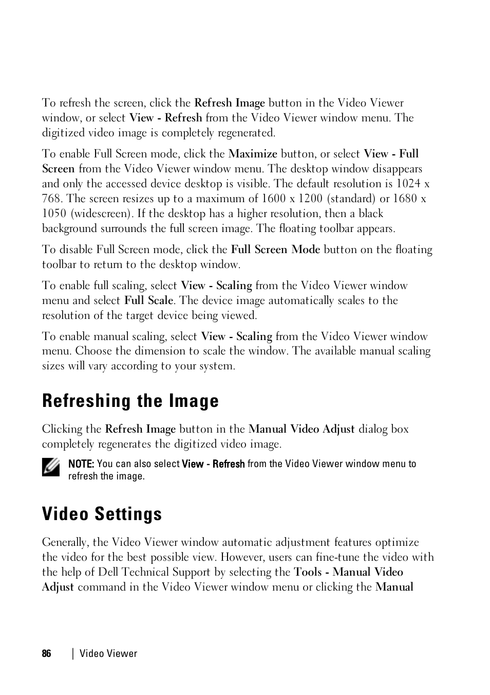 Refreshing the image, Video settings | Dell KVM 1081AD/ KVM 2161AD User Manual | Page 94 / 140