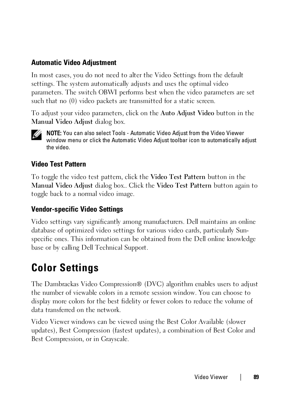 Automatic video adjustment, Video test pattern, Vendor-specific video settings | Color settings | Dell KVM 1081AD/ KVM 2161AD User Manual | Page 97 / 140