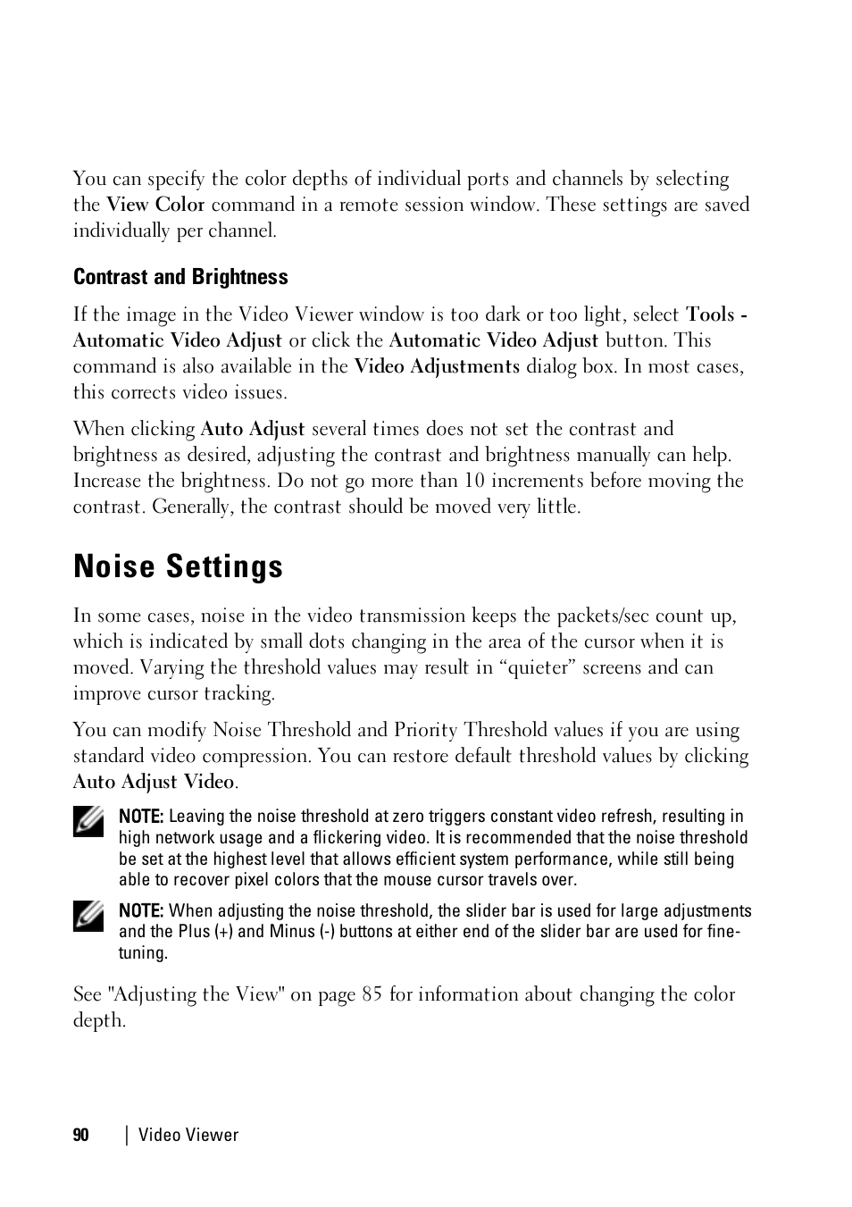 Contrast and brightness, Noise settings | Dell KVM 1081AD/ KVM 2161AD User Manual | Page 98 / 140