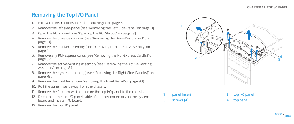 Removing the top i/o panel | Dell Alienware Aurora ALX (Late 2009) User Manual | Page 104 / 117