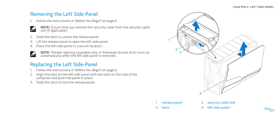 Removing the left side-panel, Replacing the left side-panel | Dell Alienware Aurora ALX (Late 2009) User Manual | Page 11 / 117