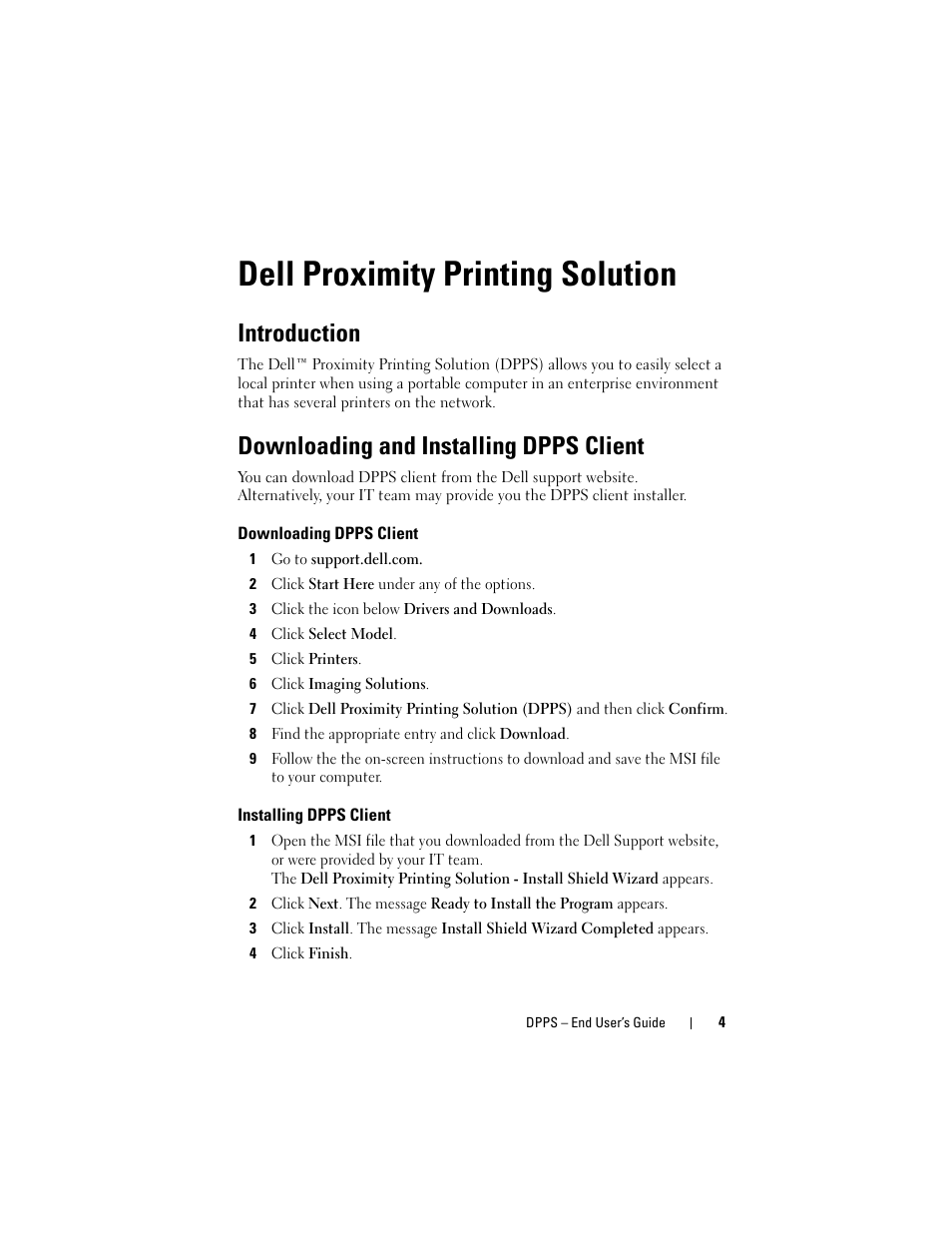Dell proximity printing solution, Introduction, Downloading and installing dpps client | Downloading dpps client, Installing dpps client | Dell Proximity Printing Solution User Manual | Page 4 / 11