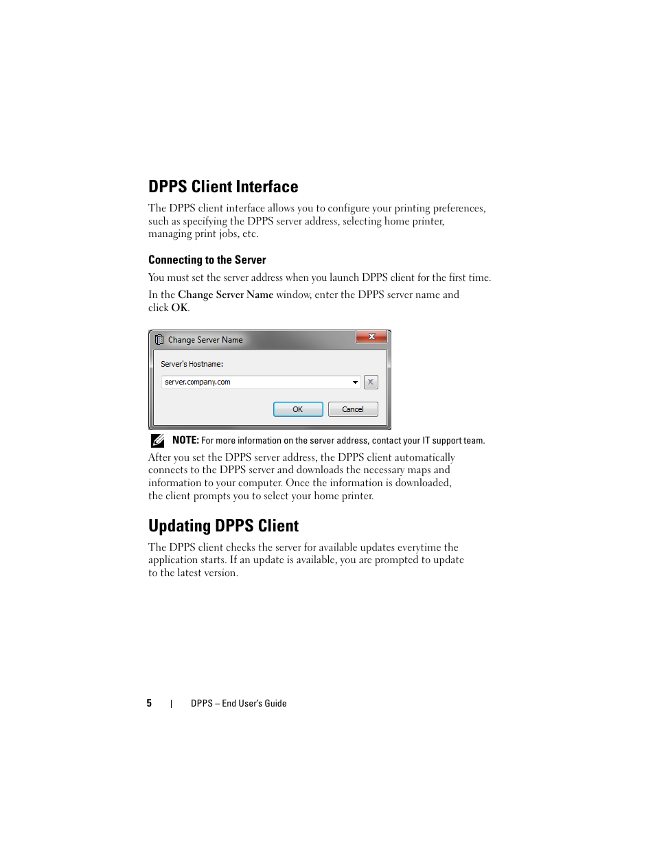 Dpps client interface, Connecting to the server, Updating dpps client | Dell Proximity Printing Solution User Manual | Page 5 / 11