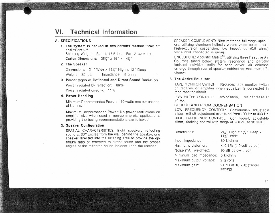 Vi. technical information | Bose Direct / Reflecting 901 Series 4 User Manual | Page 17 / 20