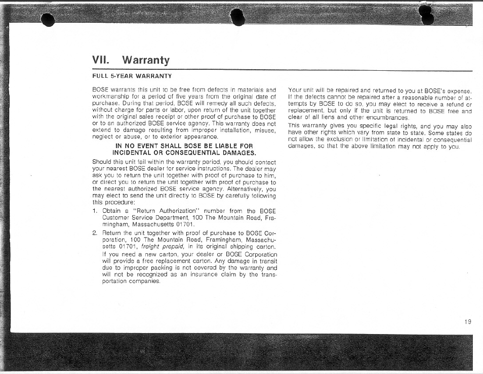 Vii. warranty | Bose Direct / Reflecting 901 Series 4 User Manual | Page 19 / 20