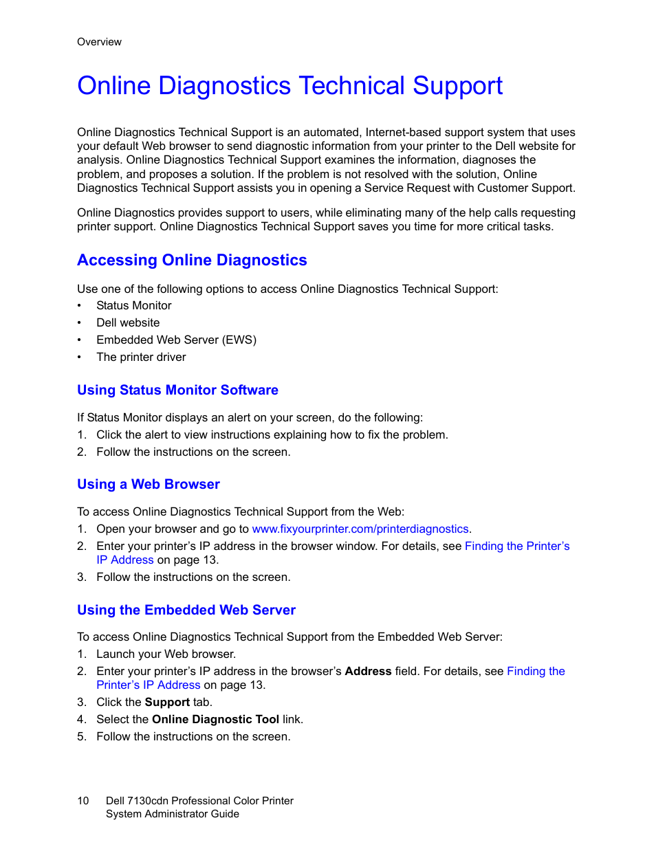 Online diagnostics technical support, Accessing online diagnostics | Dell 7130cdn Color Laser Printer User Manual | Page 10 / 116