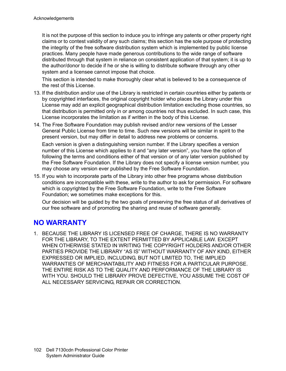 No warranty | Dell 7130cdn Color Laser Printer User Manual | Page 102 / 116