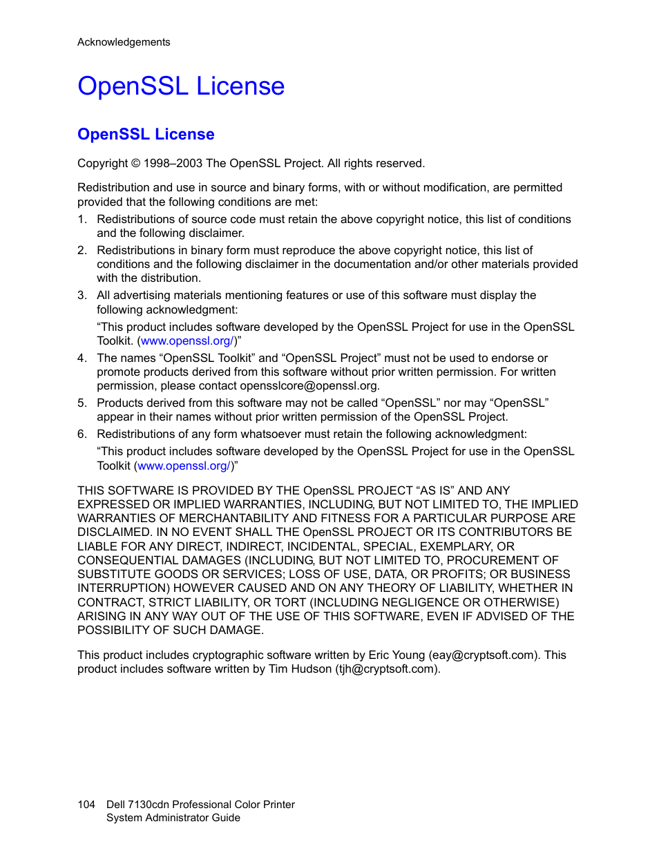 Openssl license | Dell 7130cdn Color Laser Printer User Manual | Page 104 / 116