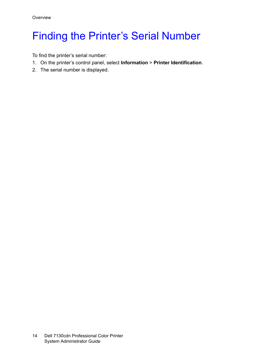 Finding the printer’s serial number | Dell 7130cdn Color Laser Printer User Manual | Page 14 / 116
