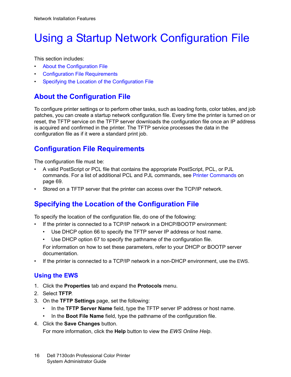 Using a startup network configuration file, About the configuration file, Configuration file requirements | Specifying the location of the configuration file | Dell 7130cdn Color Laser Printer User Manual | Page 16 / 116