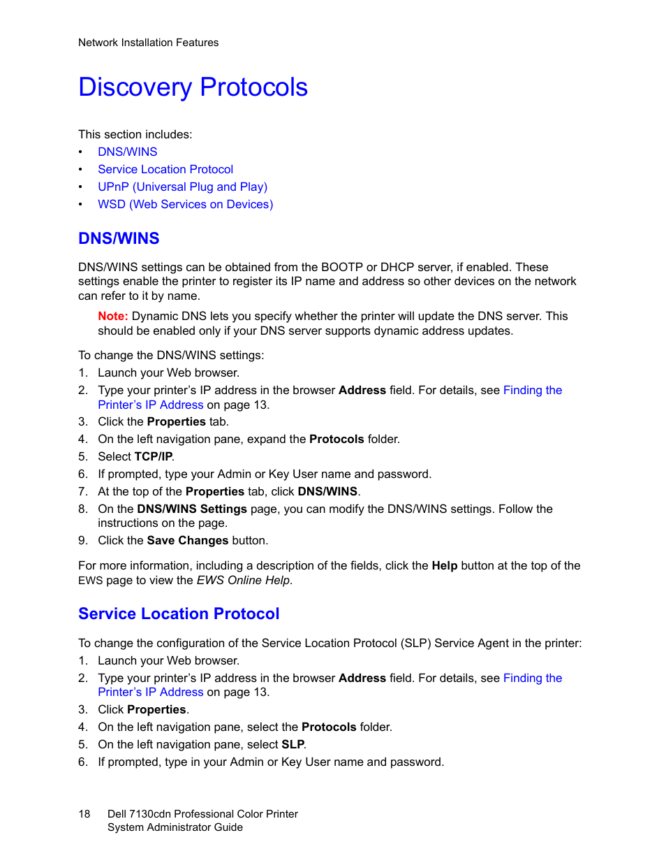 Discovery protocols, Dns/wins, Service location protocol | Dns/wins service location protocol | Dell 7130cdn Color Laser Printer User Manual | Page 18 / 116