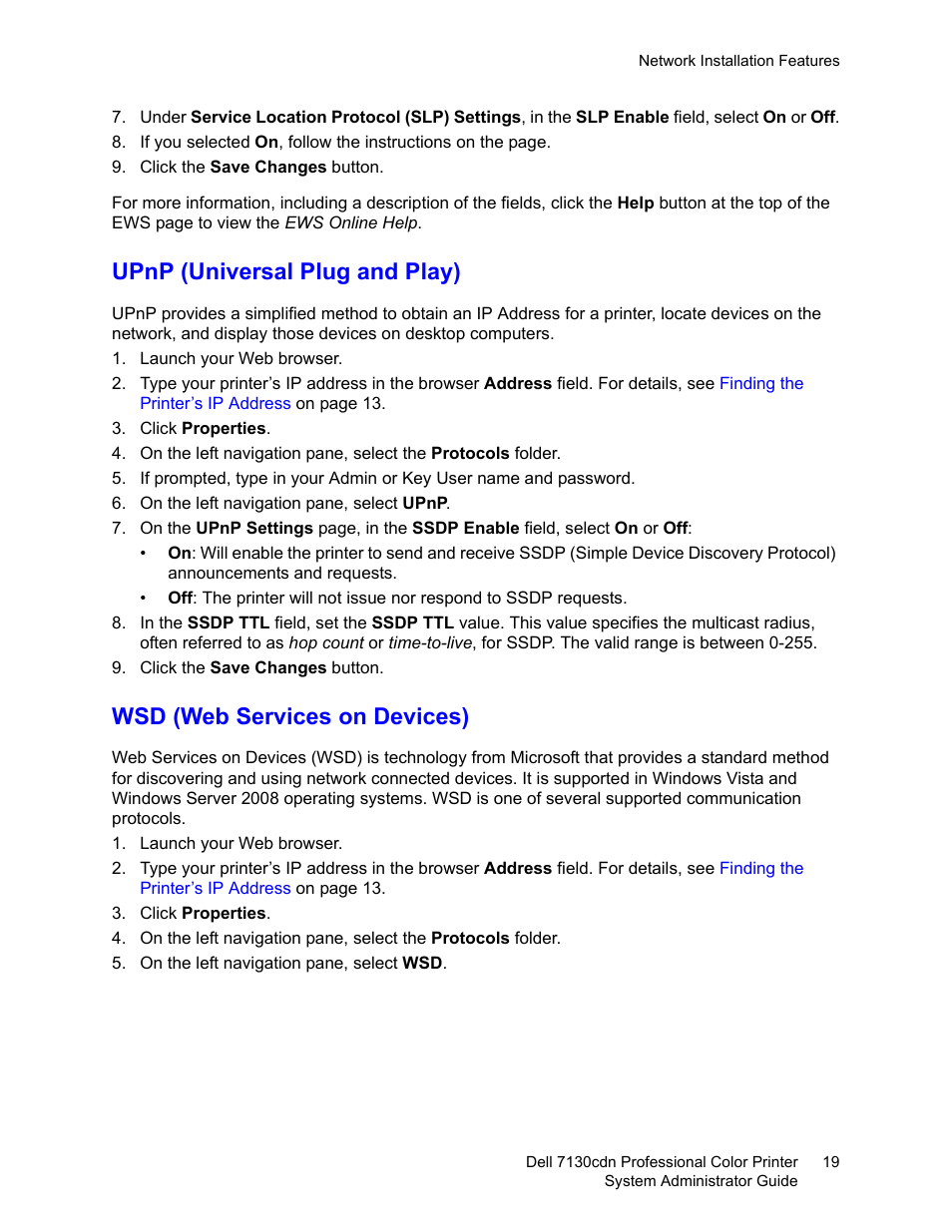 Upnp (universal plug and play), Wsd (web services on devices) | Dell 7130cdn Color Laser Printer User Manual | Page 19 / 116