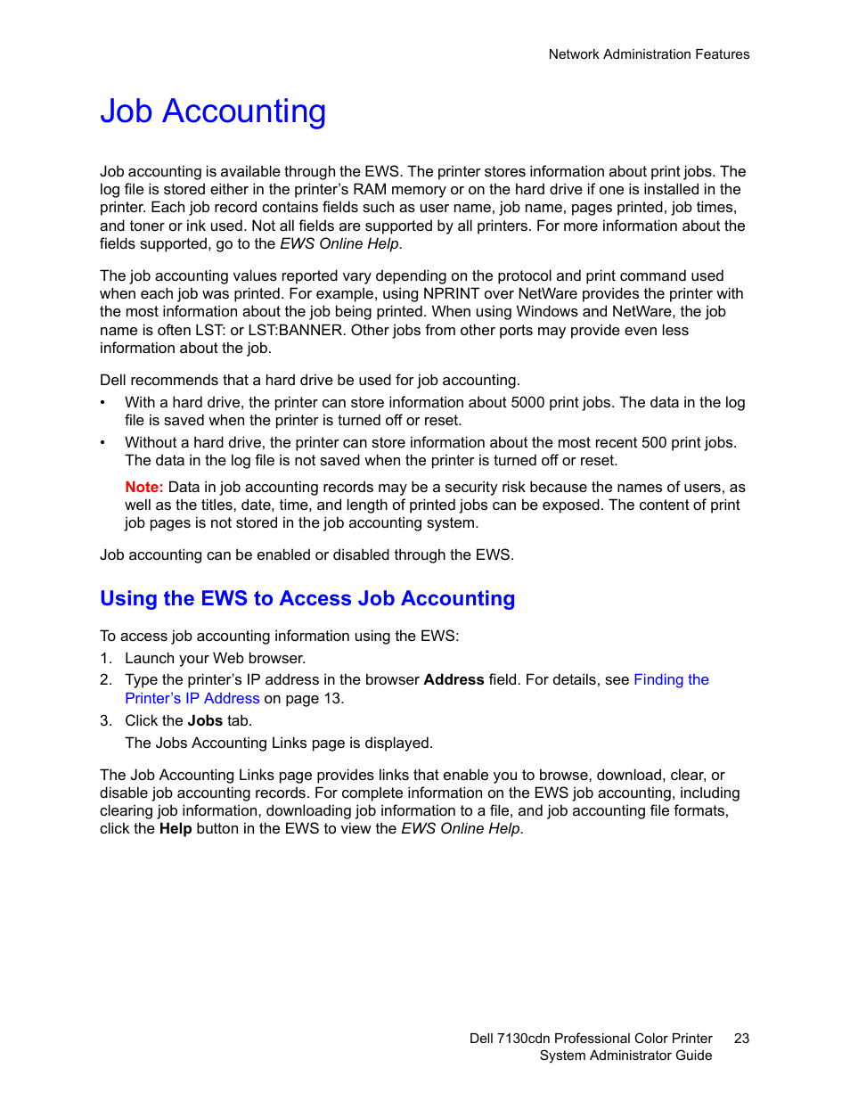 Job accounting, Using the ews to access job accounting | Dell 7130cdn Color Laser Printer User Manual | Page 23 / 116