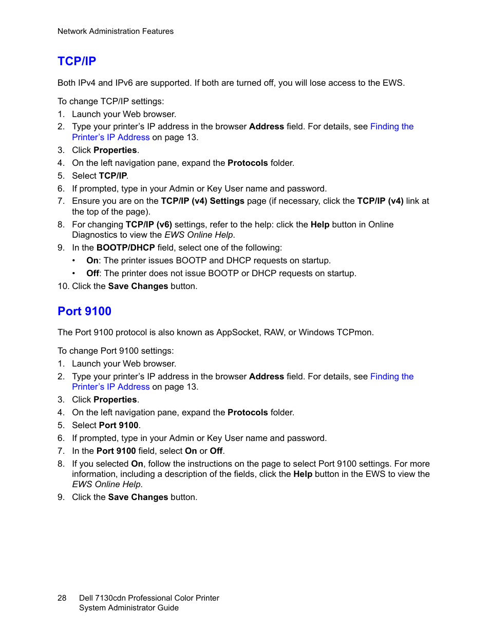 Tcp/ip, Port 9100, Tcp/ip port 9100 | Dell 7130cdn Color Laser Printer User Manual | Page 28 / 116