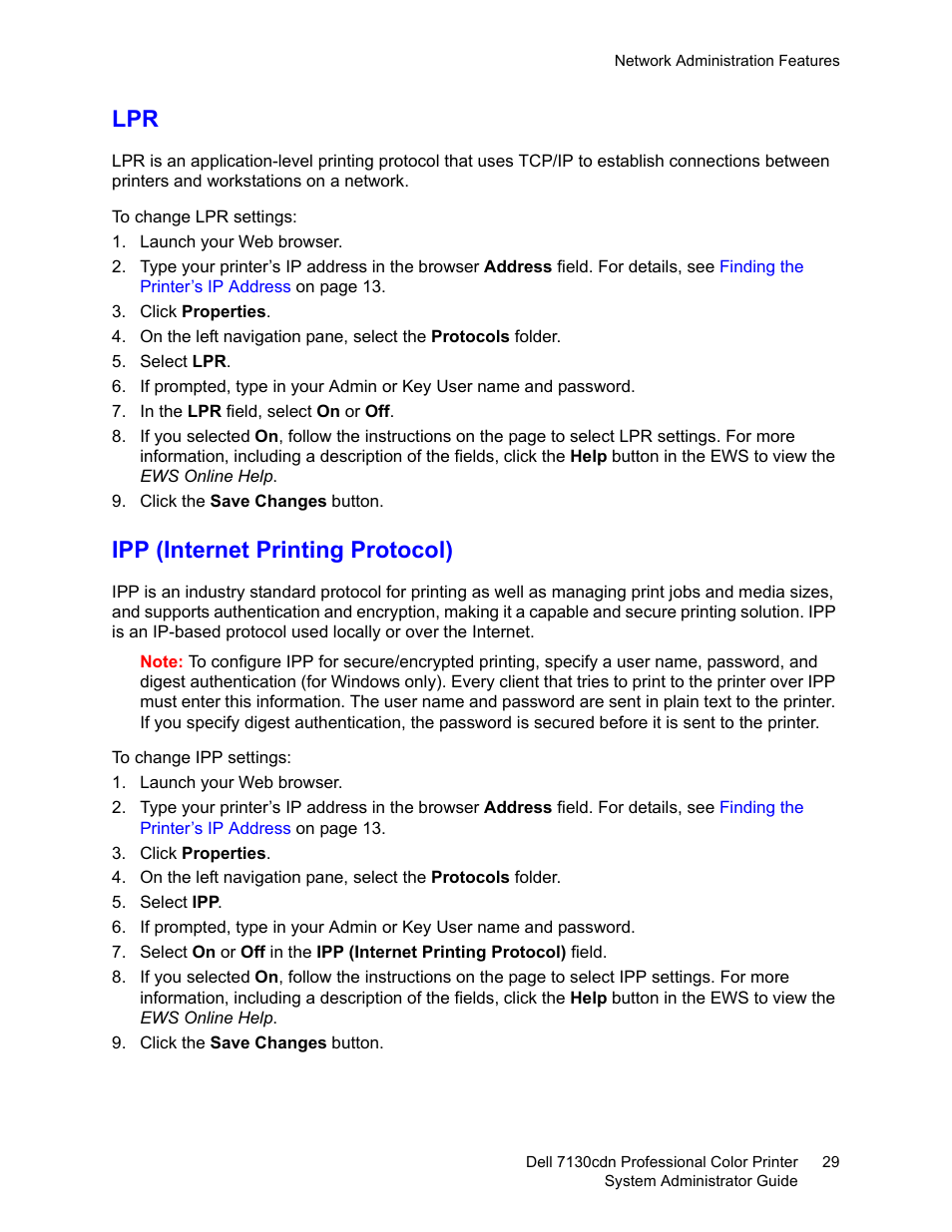 Ipp (internet printing protocol), Lpr ipp (internet printing protocol) | Dell 7130cdn Color Laser Printer User Manual | Page 29 / 116