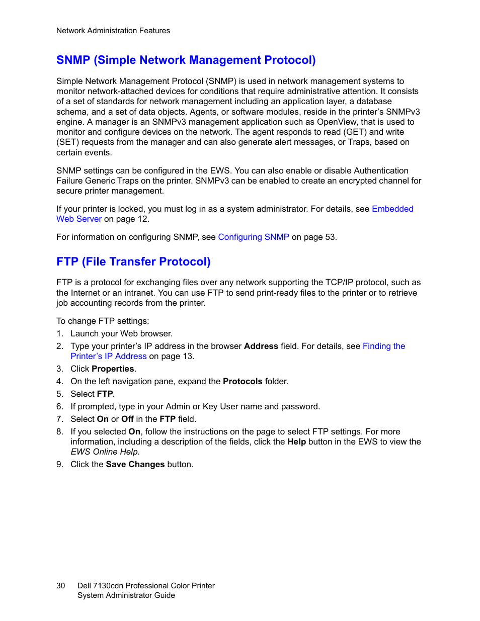 Snmp (simple network management protocol), Ftp (file transfer protocol) | Dell 7130cdn Color Laser Printer User Manual | Page 30 / 116