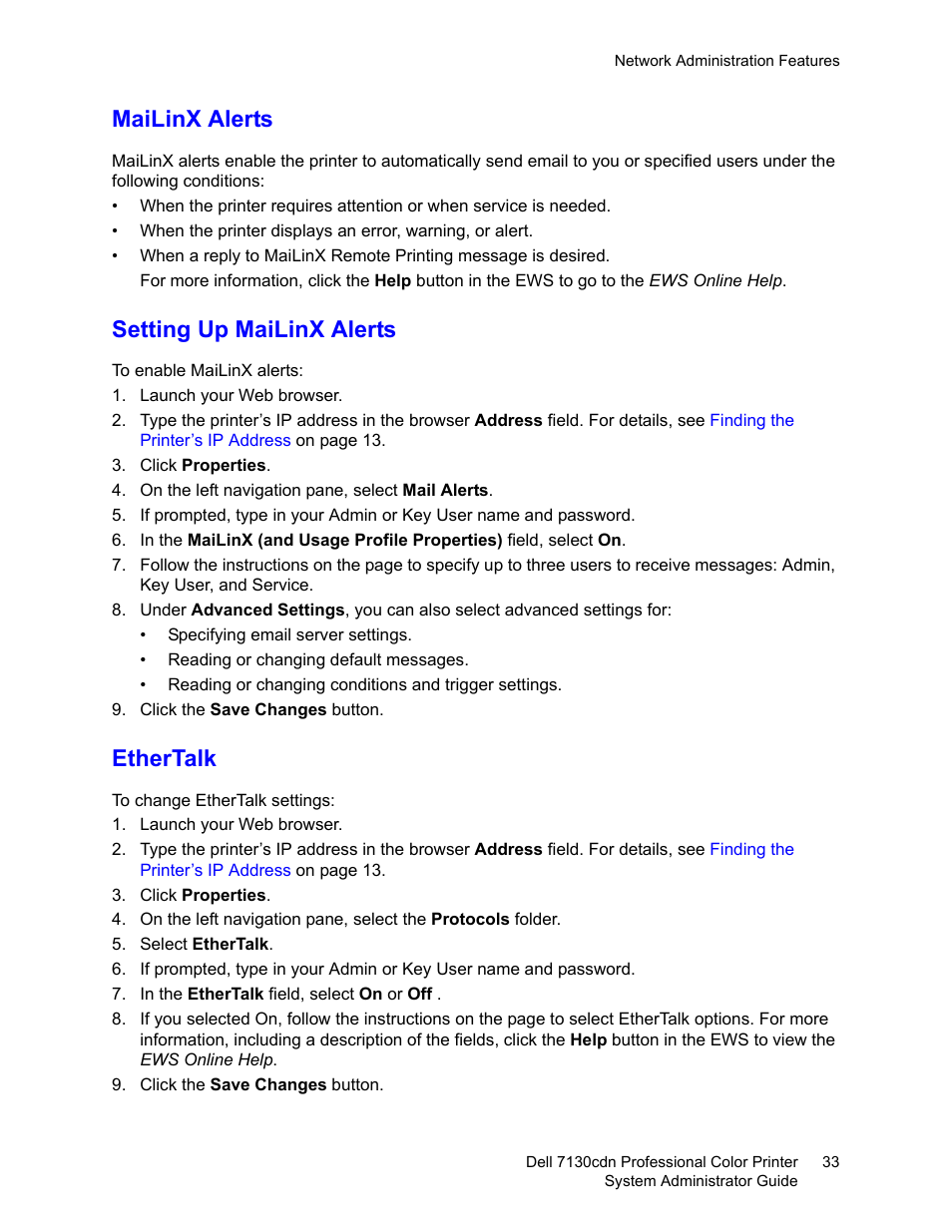 Mailinx alerts, Setting up mailinx alerts, Ethertalk | Mailinx alerts setting up mailinx alerts ethertalk | Dell 7130cdn Color Laser Printer User Manual | Page 33 / 116