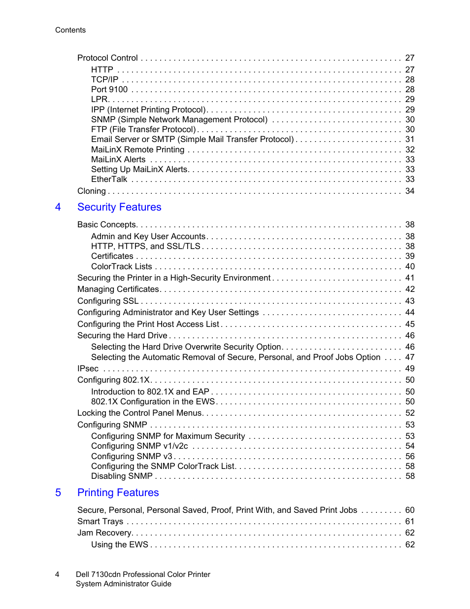 4security features, 5printing features | Dell 7130cdn Color Laser Printer User Manual | Page 4 / 116