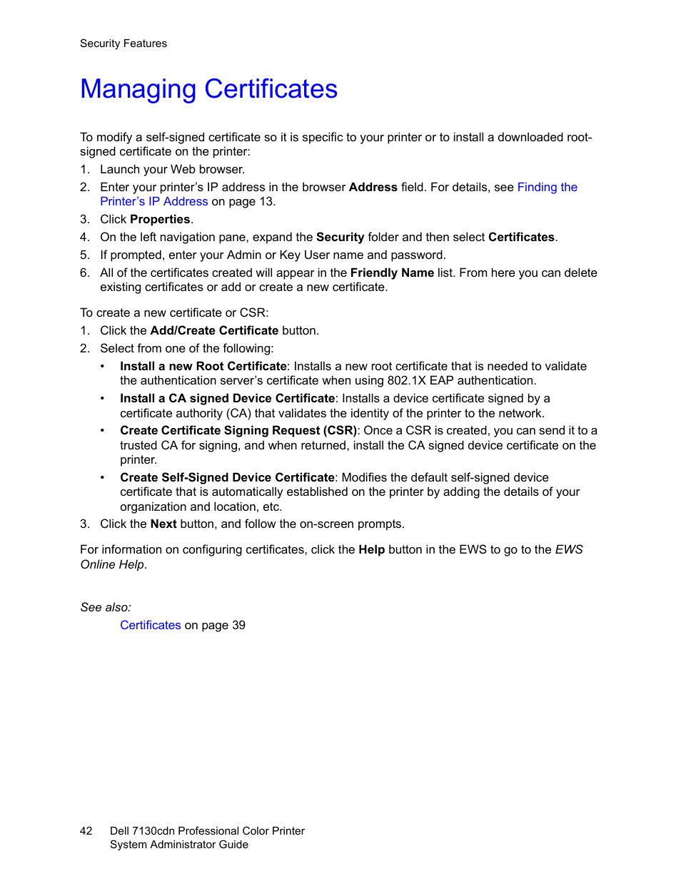 Managing certificates | Dell 7130cdn Color Laser Printer User Manual | Page 42 / 116