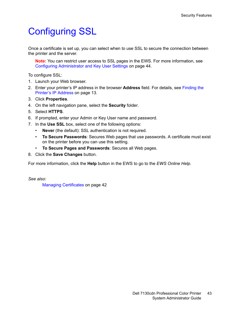 Configuring ssl, To use ssl, see | Dell 7130cdn Color Laser Printer User Manual | Page 43 / 116