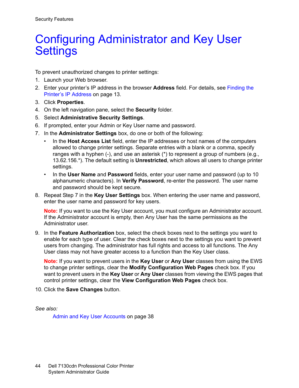 Configuring administrator and key user settings, Configuring administrator and, Key user settings | Configuring administrator, And key user settings | Dell 7130cdn Color Laser Printer User Manual | Page 44 / 116