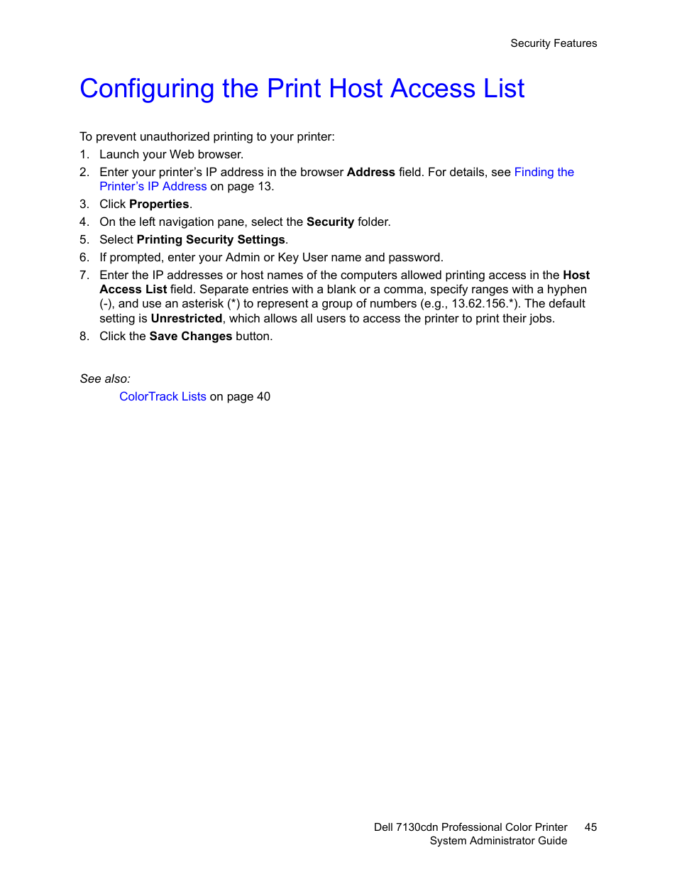 Configuring the print host access list, E print host access list, see | Dell 7130cdn Color Laser Printer User Manual | Page 45 / 116