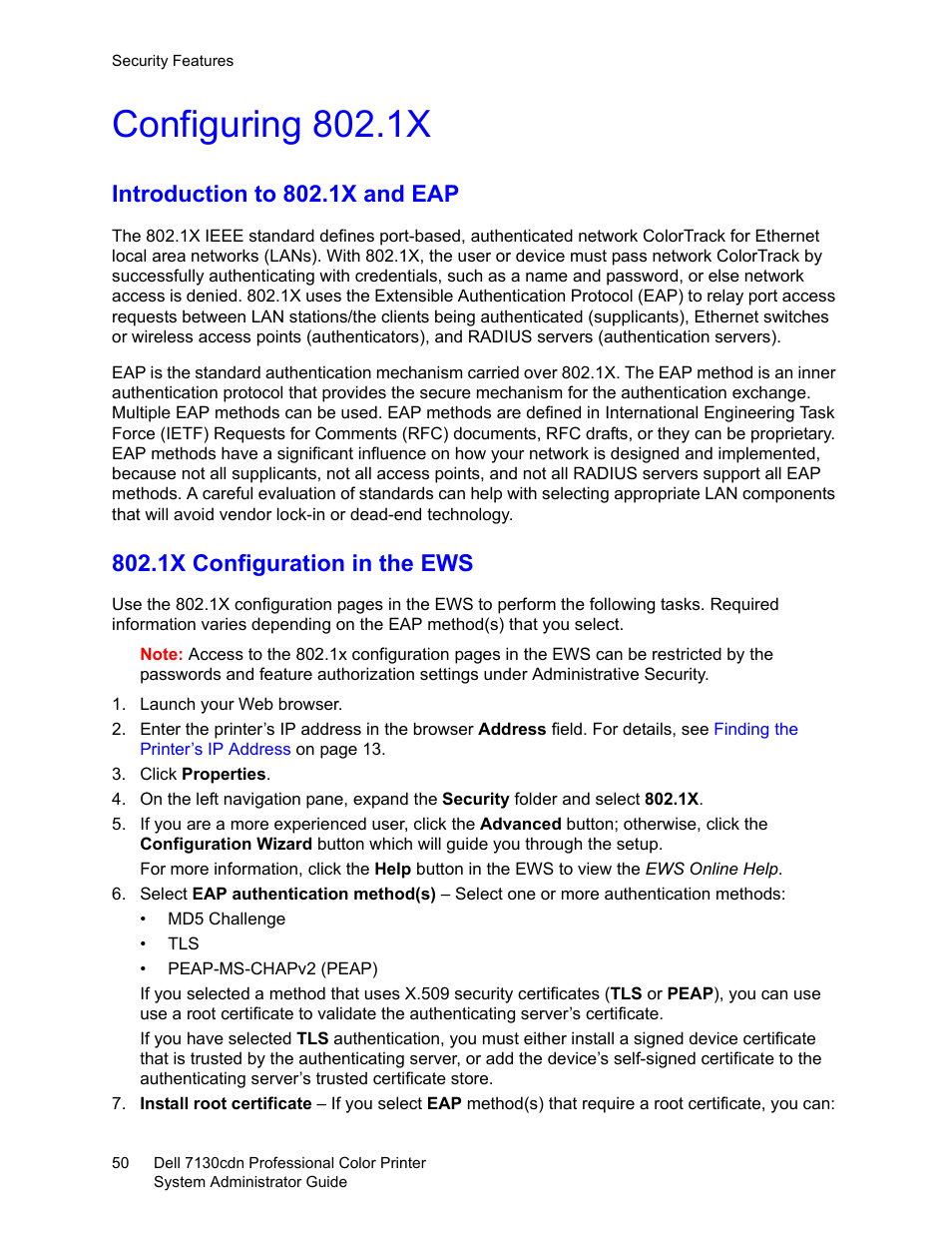 Configuring 802.1x, Introduction to 802.1x and eap, 1x configuration in the ews | Dell 7130cdn Color Laser Printer User Manual | Page 50 / 116