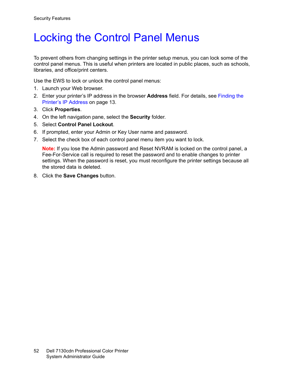 Locking the control panel menus | Dell 7130cdn Color Laser Printer User Manual | Page 52 / 116
