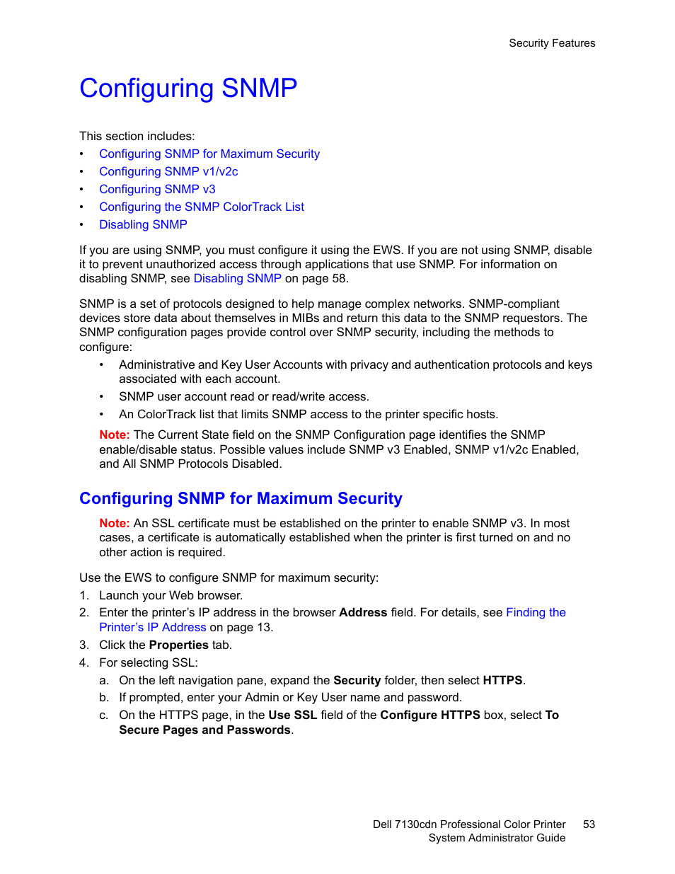 Configuring snmp, Configuring snmp for maximum security | Dell 7130cdn Color Laser Printer User Manual | Page 53 / 116