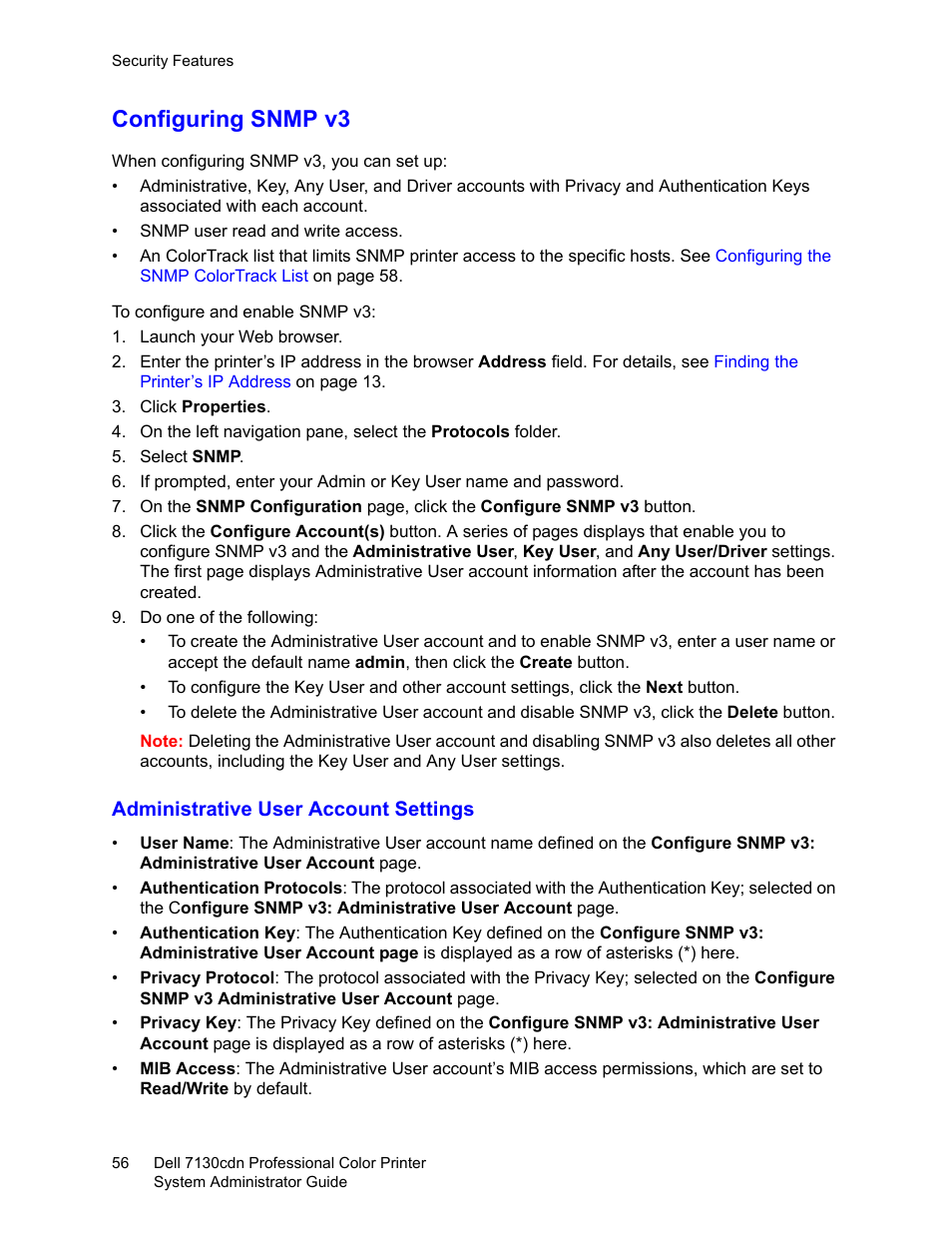 Configuring snmp v3, Rmation, see | Dell 7130cdn Color Laser Printer User Manual | Page 56 / 116