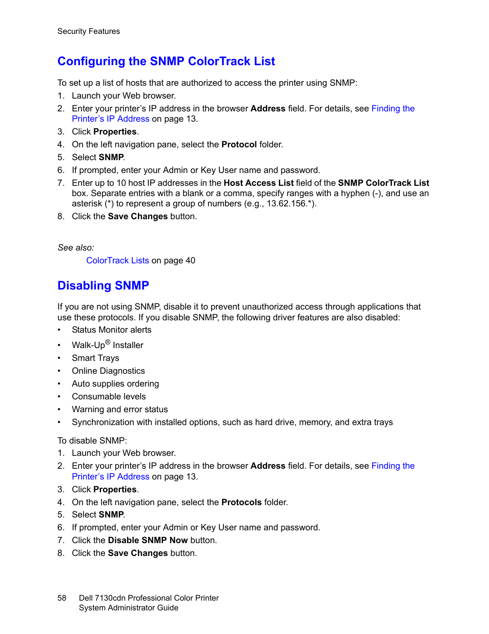 Configuring the snmp colortrack list, Disabling snmp, He snmp access list, see | Configuring the snmp, Colortrack list, Configuring the, Snmp colortrack list | Dell 7130cdn Color Laser Printer User Manual | Page 58 / 116