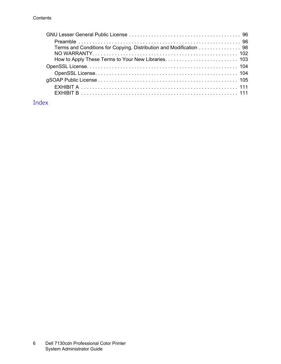Index | Dell 7130cdn Color Laser Printer User Manual | Page 6 / 116