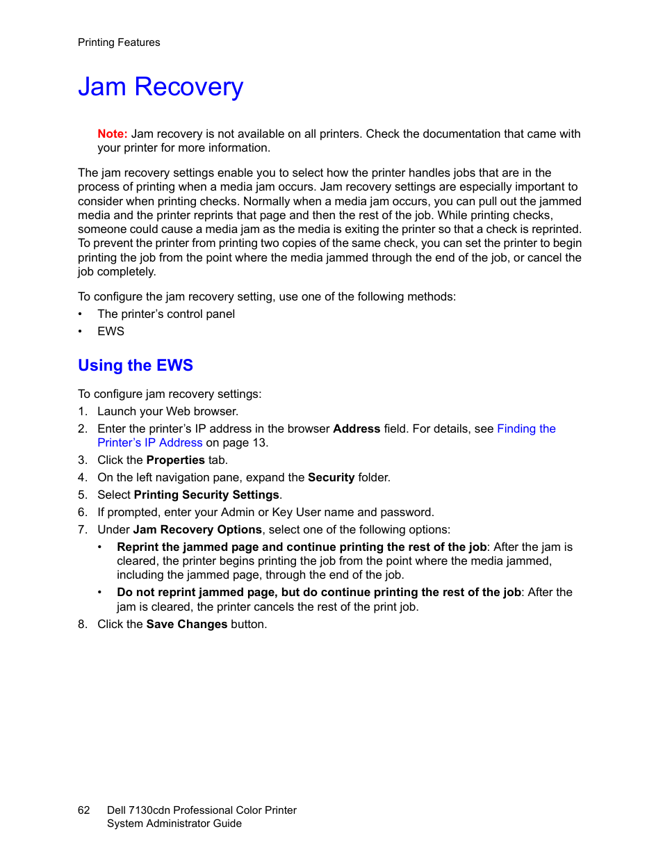 Jam recovery, Using the ews | Dell 7130cdn Color Laser Printer User Manual | Page 62 / 116