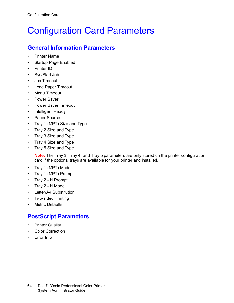 Configuration card parameters, General information parameters, Postscript parameters | Dell 7130cdn Color Laser Printer User Manual | Page 64 / 116