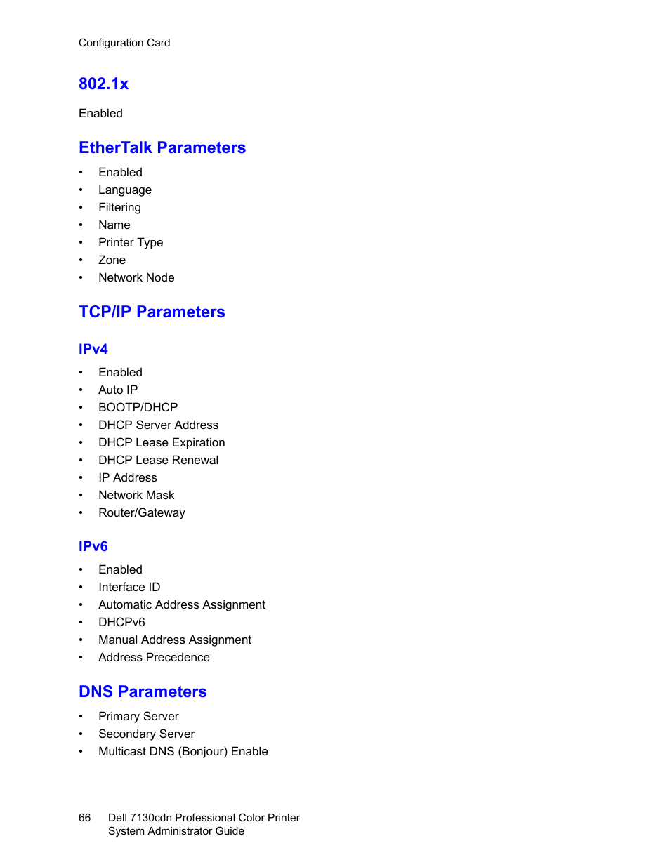 Ethertalk parameters, Tcp/ip parameters, Dns parameters | Dell 7130cdn Color Laser Printer User Manual | Page 66 / 116
