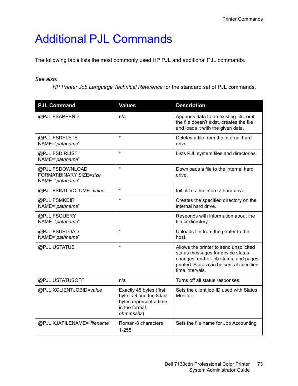 Additional pjl commands | Dell 7130cdn Color Laser Printer User Manual | Page 73 / 116