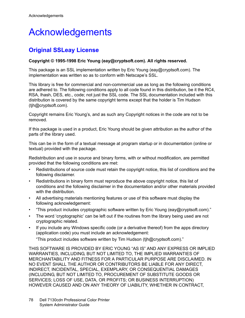 Acknowledgements, Original ssleay license | Dell 7130cdn Color Laser Printer User Manual | Page 78 / 116