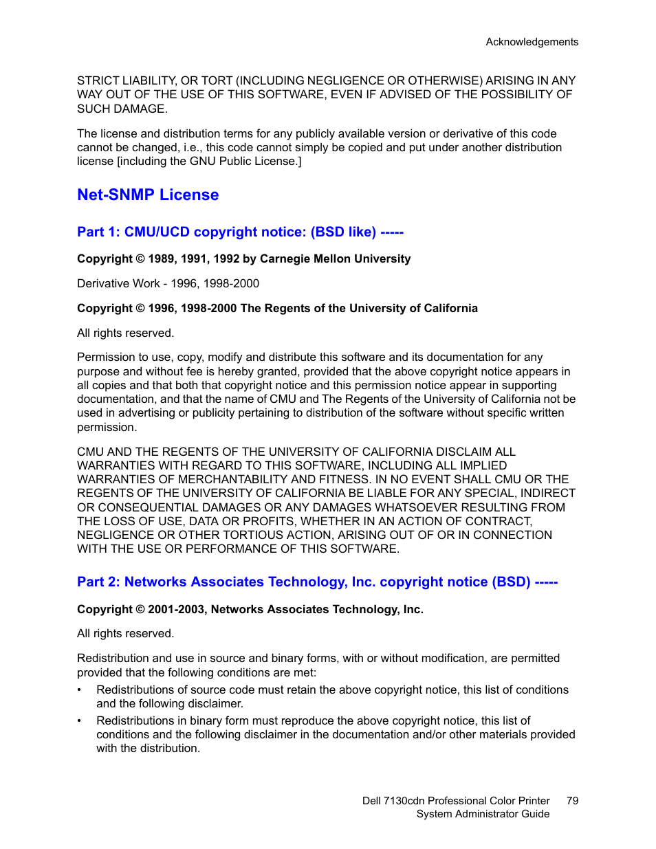 Net-snmp license | Dell 7130cdn Color Laser Printer User Manual | Page 79 / 116